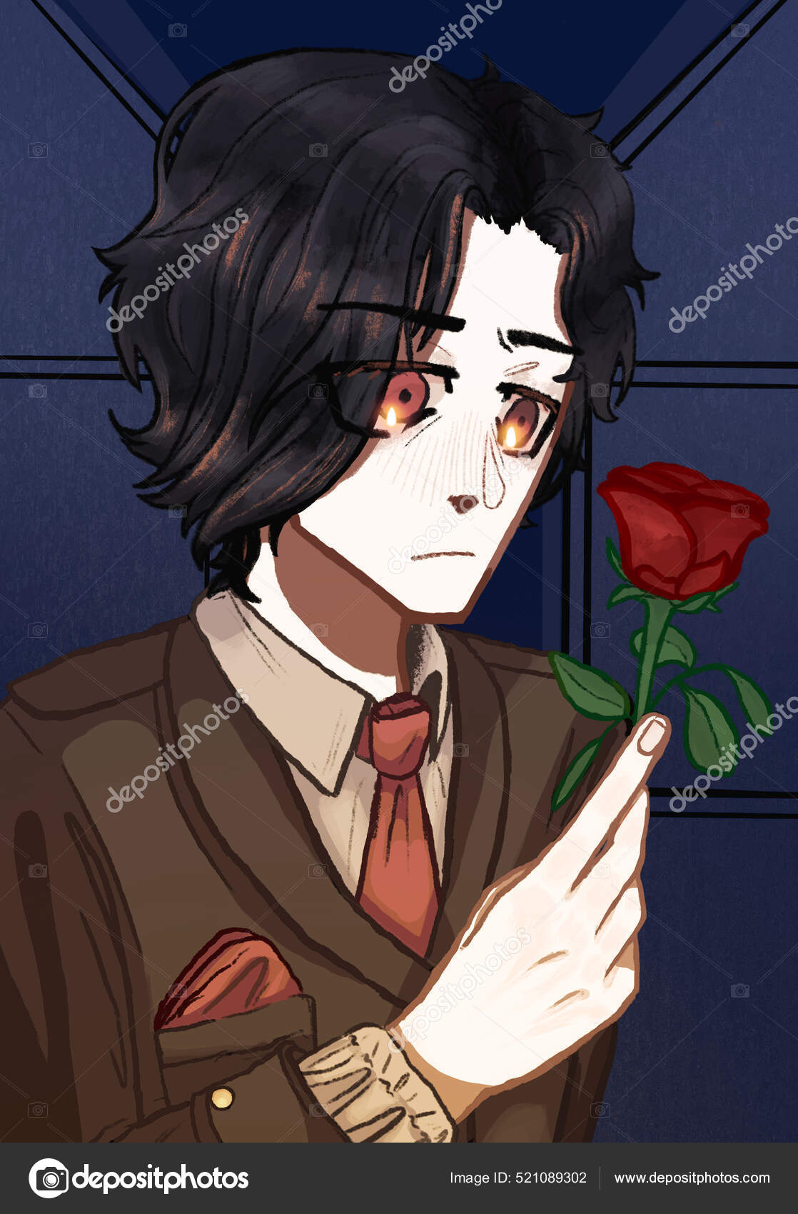 Homem Anime Segurando Rosa Vermelha Sua Mão Ele Parece Triste Ilustração  por ©Wirestock #521089302